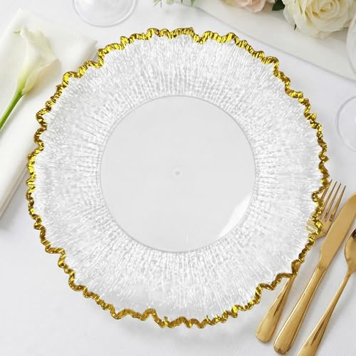 CN.JIAHE 13inch Clear Acrylic Gold Rim Charger Plates,Set of 8, Gold Reef Textured Rim Charger Plates for Dinner,Wedding,Party,Event Decoration.