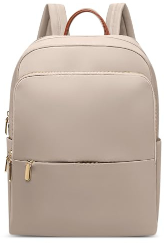 DIRRONA Sac à Dos Femme Élégant Imperméable, Grand Sac Ordinateur Portable 14 Pouces Sacs à Dos Voyage Travail Université Anti-Vol Léger Nylon Business Beige Crème