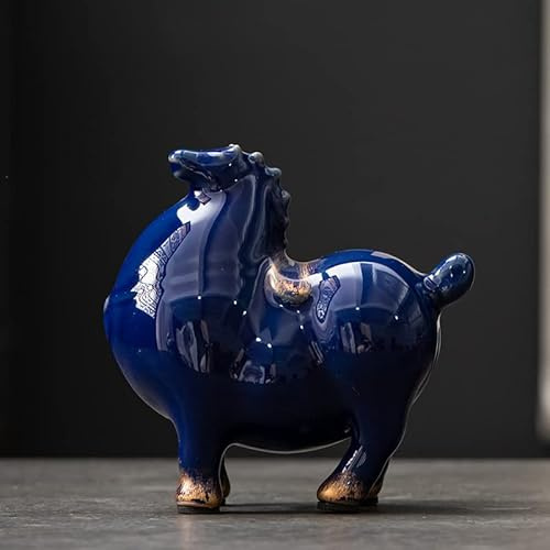 Keramik Fat Horse, Figur Sammlerstück, niedliches Fettpferd, Tier-Gartenskulptur, handgefertigte Kunst, gemaltes Bücherregal, Tisch, Heimbüro, Dekoration, Geschenk, um Erfolg anzulocken (blau)