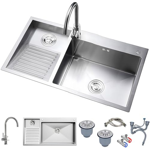 900 mm Washbasin Sink with Scrub Board, Stainless Steel, Kitchen Sink with Faucet, Household, Pool, Balcony, Room, Washbasin, Easy to Clean, Double Basin