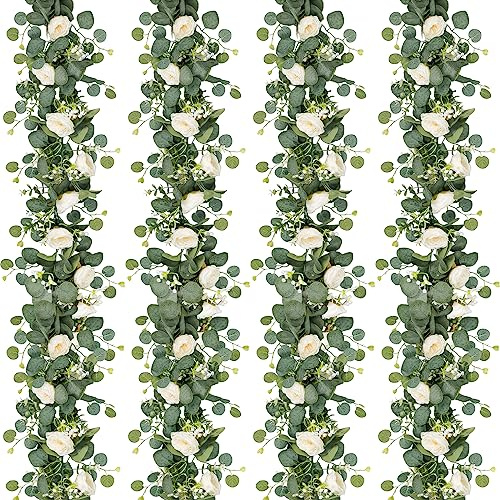 Betylifoy Künstliche Blumengirlande Hochzeit Eukalyptus Girlande 4 Stück | Blumengirlande Weiß 180cm Kunstblumen Rosenrebe Girlanden Künstliche Pflanze für Hintergrund Party Dekor