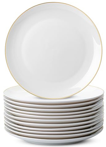 BTaT- White Porcelain Dinner Plates, Set of 12, 10.5 Gold Rimmed, Classic Style, Formal Dining