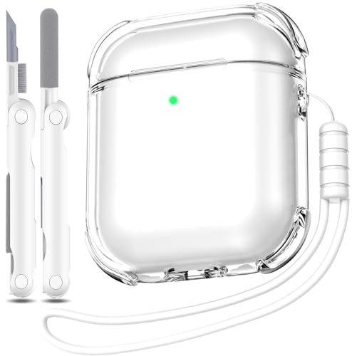 MHYALUDO Kompatibel mit Airpods-Hülle Deckung, Kompatibel mit Airpods 1/2 Generation (2016/2019), transparente, weiche, stoßfeste Hülle mit Reinigungsstift mit Umhängeband, Weiß