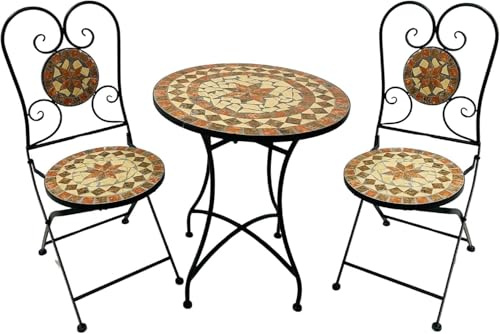 Caspian 3tlg Bistroset Balkonmöbel Klappbar - Mosaik Gartentisch & 2 Stühle | Wetterfestes Gartenmöbel-Set aus Metall im Vintage Design, platzsparende Gartenlounge für Terrasse, Balkon & Outdoor Bereich