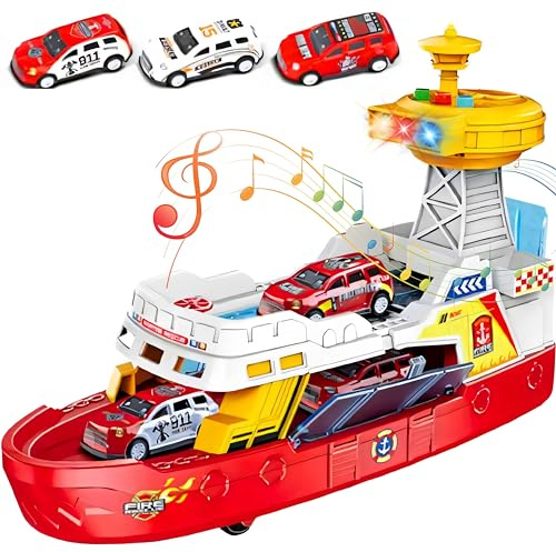 SGM160 Coast Guard Ship Toy, 1:16 Scale Transport Boat With 3 Super Car, Fire ship model with light and sound, cabin can be opened, Birthday Gift for 3 4 5 6 Year Old Kids