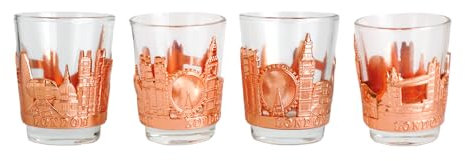 Set of 4 London Themed Metal Wrapped Glass Shot Glasses - UK England British London Souvenir
