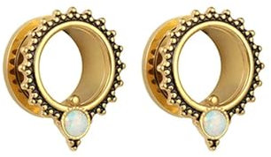 Stfery Ohr Plug Tunnel 8mm, 2 Stk Flesh Tunnel Titan Gold Vintage Blume Muster Mit Stein Flesh Tunnel Plug