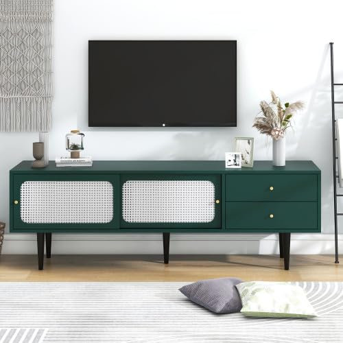 Luxuriöser TV-Schrank aus Rattan mit 2 Schubladen, 2 Schiebetüren, 4 verstellbaren Fächern und Stauraum, perfekt für moderne Wohnzimmer, 160 x 40 x 60 cm