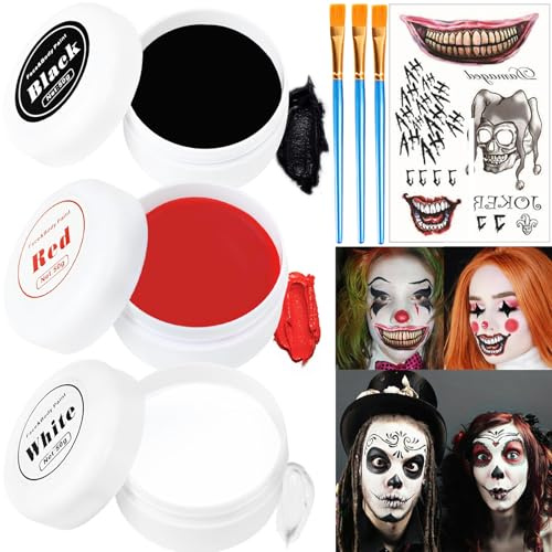 Halloween Schminke 150g, Clown Makeup Schwarz Weiß Rot, Theaterschminke für Zombies Clown, Teufel Vampir Schminke Set mit Schminkpinsel, Gruselig Tattoos, Halloween Cosplay Make up Malerei Fasching