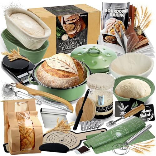 CraftZee All-Inclusive 𝗣𝗥𝗘𝗠𝗜𝗨𝗠 Sourdough Starter Kit with Pot, 34 Oz Starter Jar, 4 Banneton Bread Proofing Baskets, Scraper, Scale, Sourdough Bread Baking Supplies, Beginner Guide & Recipes