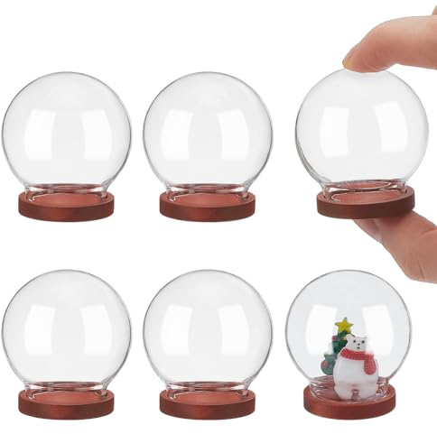 nbeads 6 Stk. Mini Runde Glaskuppel, Glas Display Dome Deckel mit FireBrick Holzsockel Cloche Glockenglas für Tafelaufsätze Pflanzen Felsen Exemplare Dekorationen Handwerk, Durchmesser: 4cm