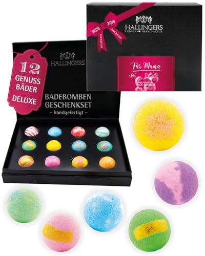 Hallingers Genuss Manufaktur Badebomben Muttertagsgeschenk-Set - 12x Badekugeln Bath Bombs in edler Geschenkbox, Frauen Badeperlen-Wellness & Spa Zum Muttertag, Geschenkidee für Mama Oma