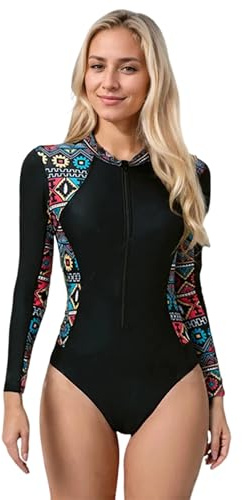 Beachkini Damen Surfanzug Badeanzug mit BH,UPF 50+ Langarm Reißverschluss Schwimmshirt,Langarm Einteilige Rashguard,One Piece Swimsuit,Schwarz,XXL