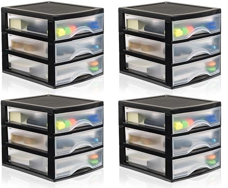Hausfelder Schubladenbox A5, 4 Schubladencontainer mit jeweils 3 Schubladen aus Kunststoff, Schubladenschrank für Büro, Regal, Bastelmaterial, durchsichtig, Schwarz Transparent