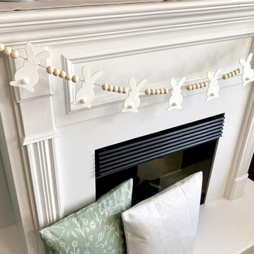 Geagodelia 1m / 3ft Easter Bunny Garland with Wooden Beads for Mantle Table Stairs Tree Easter Spring Home Decorations (White, 1pc)