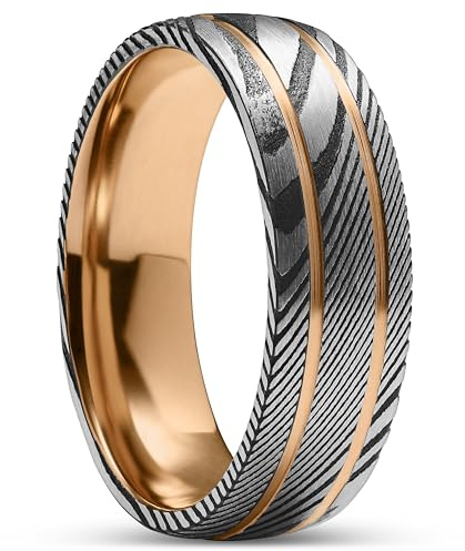 Lucleon by Trendhim Bague Homme en Acier Damas Gris et Gunmetal avec Détails en Titane Or Rose Double Cannelure 7 mm Bague Ajustable