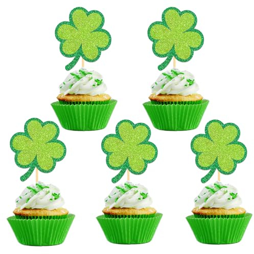 24 Stück Glitzer St. Patrick's Day Glück Kleeblatt Cupcake Toppers, St. Patrick's Day Kuchendeko für Irische St Patricks Day Party Dekoration (Kleeblatt)