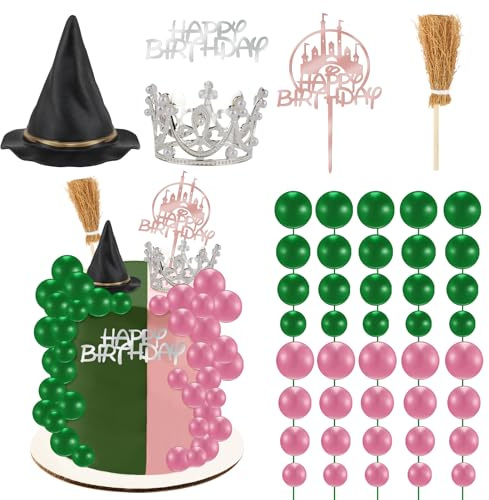 44 Pieces Pink and Green Cake Decorations with Mini Black Witch Hat, Silver Crown, Broom, Balloons, Happy Birthday Cake Topper for Girls Women Princess Witch Birthday Party Decorations Supplies