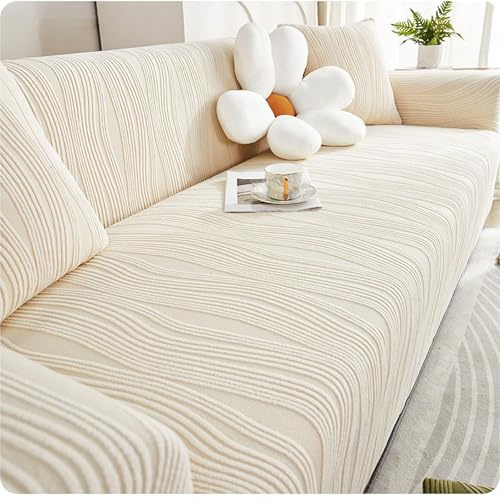 XIFUHUI Stretch Sofa Überzug 1 2 3 4 Sitzer,rutschfest Mit Armlehne Universal Jacquard Sofabezug, Dicke Sofabezug Für Hunde Katzen Und Haustiere,Multi-Size Sofa Sitzkissenbezug(A-Cream,235-300cm)