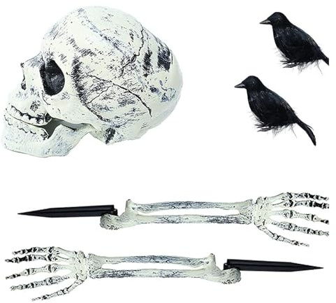 anneratteryer 5 Stück Halloween deko Skelett Totenkopf Hand Krähe Totenkopf deko Schädel deko Halloween Skeleton Skelett Halloween deko Halloween skeletthände für Outdoor Garten