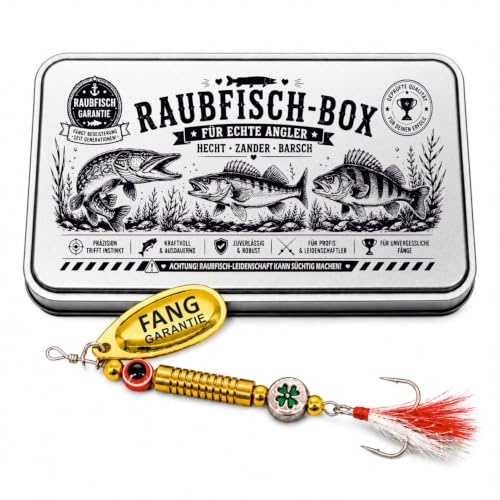 Gluecksfish Anglergeschenk mit Gravur – Angelköder, Angelhaken & Spinner – Raubfisch-Box
