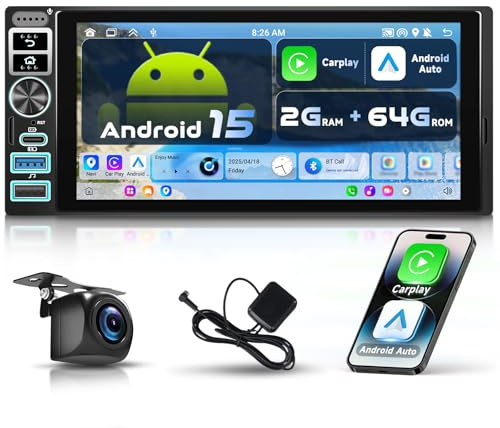 VECHTEL Android 15 2+64G Autoradio 1 Din con Carplay wireless Android Auto,radio FM RDS con 6,9 schermo IPS,WiFi GPS,2 USB/Type-C,autoradio Bluetooth con telecamera posteriore/comandi al volante