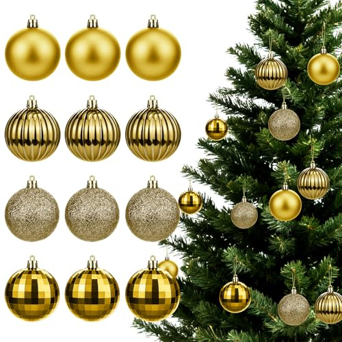 Oeyliz Christmas Balls 2.36 Inch Gold Christmas Ornaments Balls Xmas Tree Decoration12PCS Plastic Christmas Ornaments Hanging Ball Decorations Set for Xmas Tree Home Holiday Party Decor