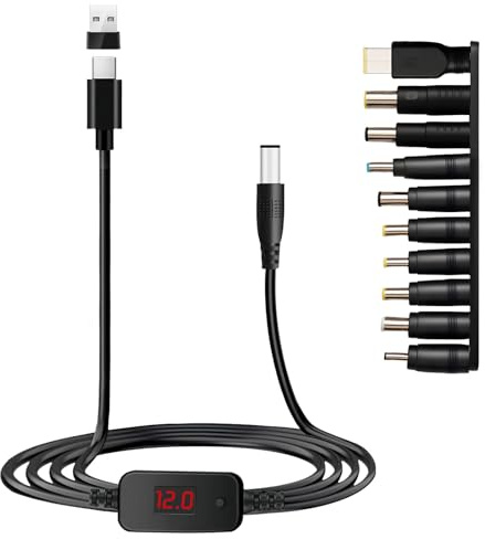 USB PD to DC Power Cable Charger Adapter 5V/9V/12V/15V/20V Adjustable Voltage Type C to DC 5.5X2.1mm Plug with 10 DC Universal Conversion Heads Charging Power Supply Cord for Routers Notebooks(1.2m)