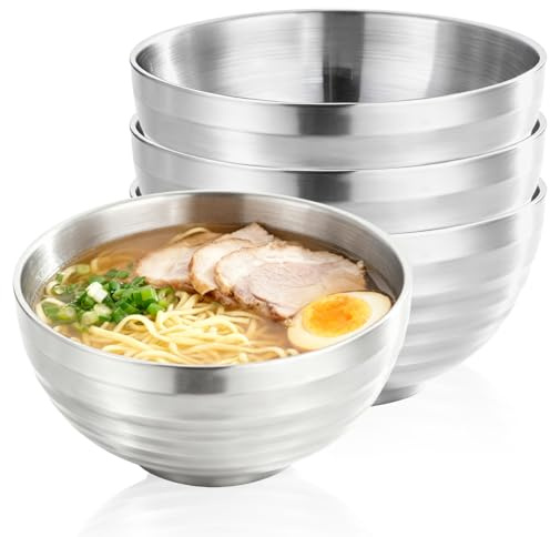 4 Stück Edelstahl Schüssel, 400 Ml Edelstahl Schüssel Set, Doppelschicht Reisschalen Aus 304, Gewinde Reis Schüssels, Hitzeschutz Ramen Schale Für Zuhause Restaurant Und Outdoor