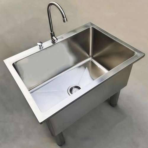 JIAOCKJIAO Évier de Vadrouille, Bac de Service en Acier Inoxydable, Seau de Nettoyage avec Bouton de Vidange, Réservoir D'eaux Usées Industriel Vertical pour Buanderies(50x40cm/20x16in)