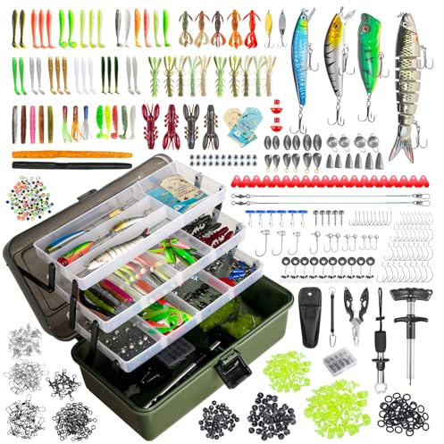4 Layers Fishing Tackle Box, 605Pcs Fishing Gear Kit with Lures, Small Tool Kit Containing Gripper, Hook Remover, Plier, Accessories, Greeting Cards, Complete Fishing Box for Beginners, Adults