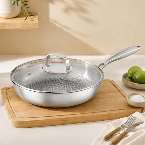 aichilra Tri-Ply 316 Stainless Steel Frying Pan with Lid, 28cm Silver