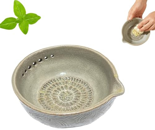 Handgefertigte Knoblauchreibe X Kräuterschüssel, 2-in-1 Keramik-Kräuter-Abisolierschüssel, multifunktionale Steingut-Küchenreibe, Tellerwerkzeug, verschiedene runde Lochgrößen, Gadget für die Küche zu