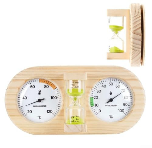 Thermohygromètre en bois de pin avec double fonctionnalité pour la mesure de la température et de l'humidité et minuteur sablier de 15 minutes (B)