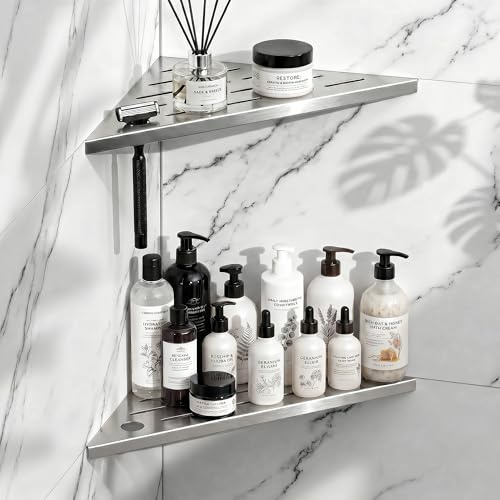 EGNGY Duschablage Edelstahl Ecke 2 Stück, Eingelassen Dreieck Eckregal Bad, Rostfrei Dusche Eckregal mit Streifen Design, Wasserablauf Ohne Anstau Halterung für Badezimmer Küche Dusche Zubehör