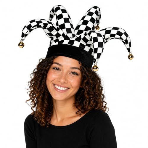 ANDHOM Cappello da giullare da clown jolly accessorio con campane per Halloween, Natale, carnevale, martedì grasso, cosplay (02 bianco e nero)