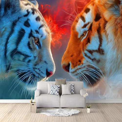 Fantasy Beast Fire and Ice Twin Tigers Wall Mural Multicolor 350 x 256 cm - Premium Non-Woven Large Photo Wallpaper for Teenage Boys Bedroom, Living Room, Office Feature Wall Decoration