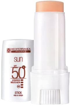 MEDITERRANEA COSMETICS Stick Solare Viso e Corpo SPF 50+ Protezione Molto Alta per Zone Sensibili Con Burro di Karité Squalene e Vitamina E 9 ml Made in Italy
