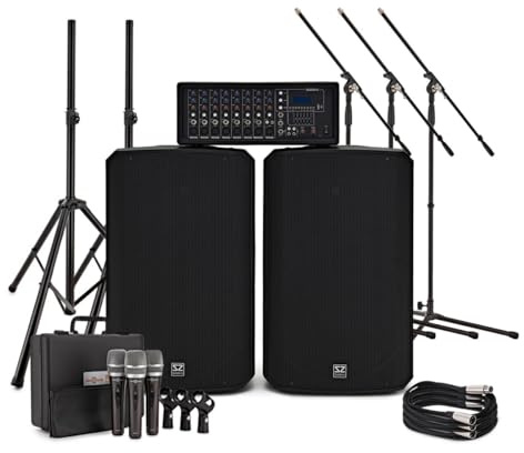 Sistema de PA Completo SubZero SZPA-815 300 W y 15, Set con Micrófonos y Soportes