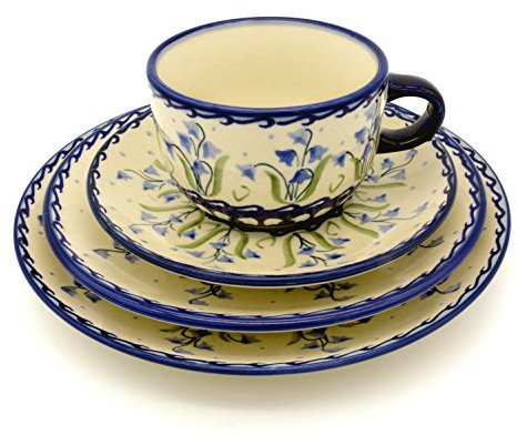 Original Bunzlauer Keramik Gedeck 3teilig mit Tasse/Untertasse 0,2 l, Teller 18 cm und Teller 21,5 cm, Unikat-Dekor Glockenblumen