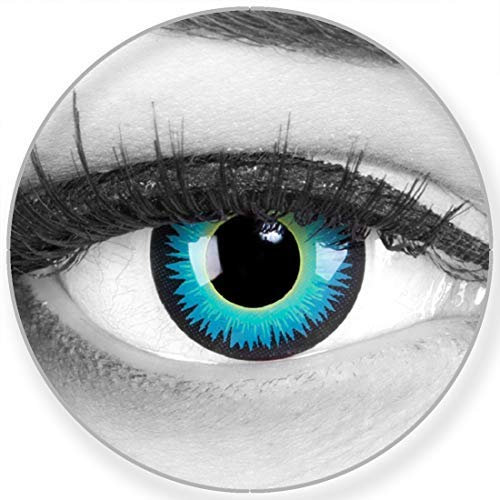 Funnylens Farbige Kontaktlinsen Seraphin in blau grün schwarz - weich ohne Stärke 2er Pack + gratis Behälter – 12 Monatslinsen - perfekt zu Halloween Karneval Fasching oder Fasnacht Anime Manga