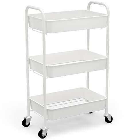 CAXXA 3-Tier Rolling Metal Storage Organizer - Mobile Utility Cart Kitchen Cart with Caster Wheels, White