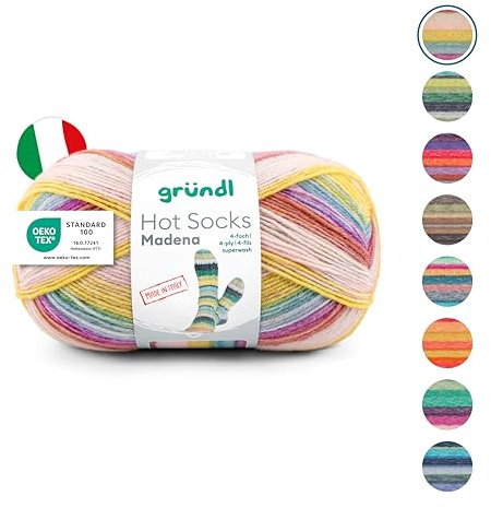 Gründl Hot Socks Madena (socka av 75 % ny ull (supertvätt) och 25 % polyamid, tillverkad i Italien, 4-vägs strumpgarn, 100 g/420 m, nåltjocklek: 2,5 mm – 3 mm, 1 x 100 g), caribean-sommar