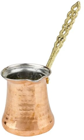 Caffettiera Turca: Caffettiera Cezve in Rame per Caffè Turco | Caffettiera con Manico per Caffé Arabo Ibrik | Pentolino Fatto a Mano in Rame Martellato Ottomano & Cucchiaio Vintage | 4 Porzioni