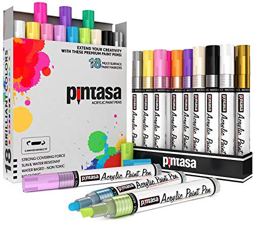 PINTASA Acrylic Paint Pens - 18 Rock Paint Markers - Quick Dry Acrylic Paints Set, Canvas, Ceramic, Porcelain, Wood, Mug, Fabric, Kids DIY Crafts | Glass Colouring Kit Painting Set and Water Based Ink