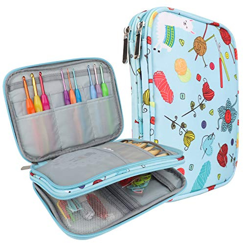 Coopay Häkelnadel-Etui, Zopfstricknadelnhalter, Aufbewahrungstasche mit Reißverschluss für ergonomische Aluminium-Häkelnadeln, Gummigriffe, Zubehör-Organizer, Himmelblau