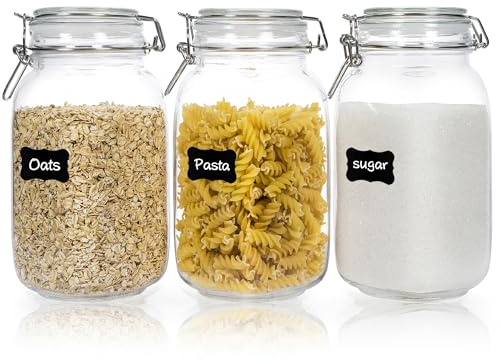 CHEFSTORY 50oz Airtight Glass Jars with Lids, 3 PCS Food Storage Canister for Kitchen & Pantry Organization, Square Mason Jar Containers for Storing Sugar, Flour, Cereal,Coffee,Cookies