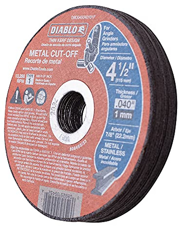 DIABLO 4 1/2 INCH METAL CUT-OFF DISC .040 THICK - 7/8 INCH (22.2mm) ARBOR - TYPE 1 HUB - THIN KERF DESIGN - PREMIUM ALUMINUM OXIDE BLEND FOR USE ON METAL MATERIALS - 13,280 MAX RPM - 15 PACK