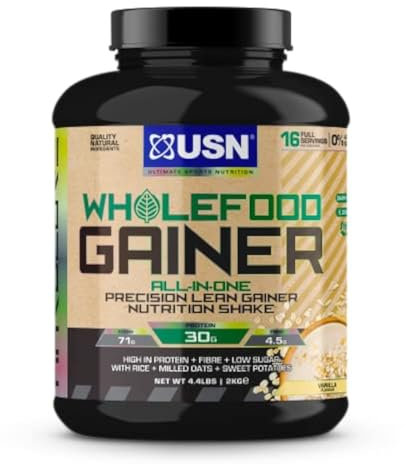 USN Wholefood Muscle Gain Protein Powder, Vanilla Flavour - 2kg, Natural Muscle Growth & Mass Gainer, All-in-One 30g Vegan Protein Powder, Meal Replacement & Dietary Supplement Protein Shake Mix