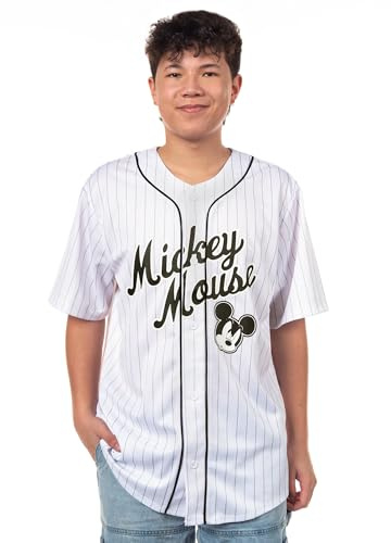 Disney Mickey Mouse Men's Baseball Jersey – Donald Duck Buzz Lightyear Goofy Mesh Button-Up Fashion Shirt for Men White